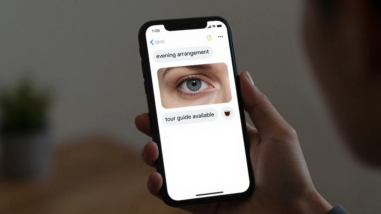 A woman gazes at her phone showing coded messages, lit by soft lamplight in a quiet apartment.