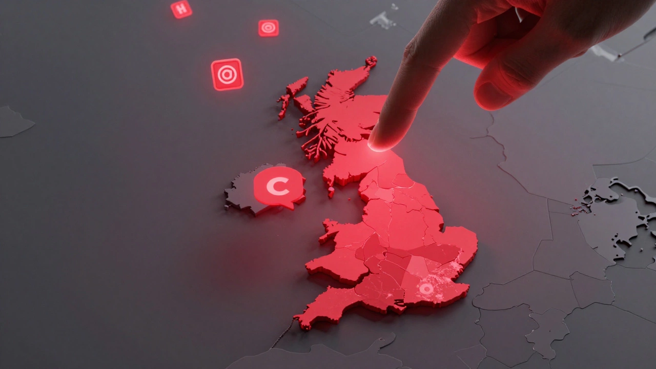 Abstract digital scene of ad icons being turned off by a finger tap over a dimming UK map.