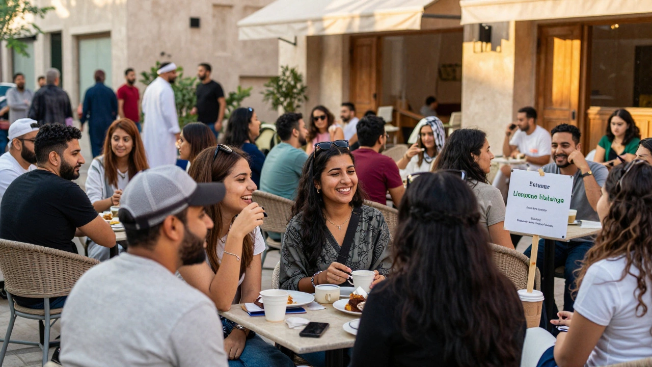 Diverse expats socialize at an outdoor meetup in Dubai, sharing coffee and laughter in golden light.