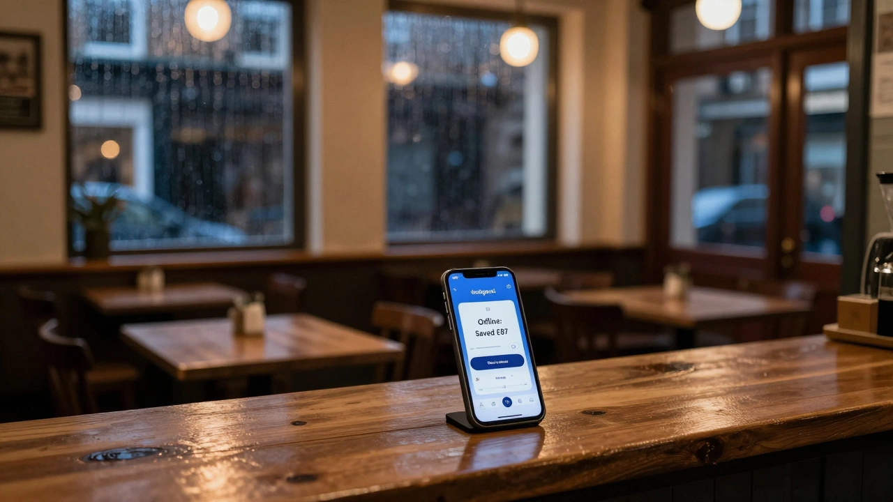 Empty coffee shop at night with a smartphone displaying a paused ad and savings notification.